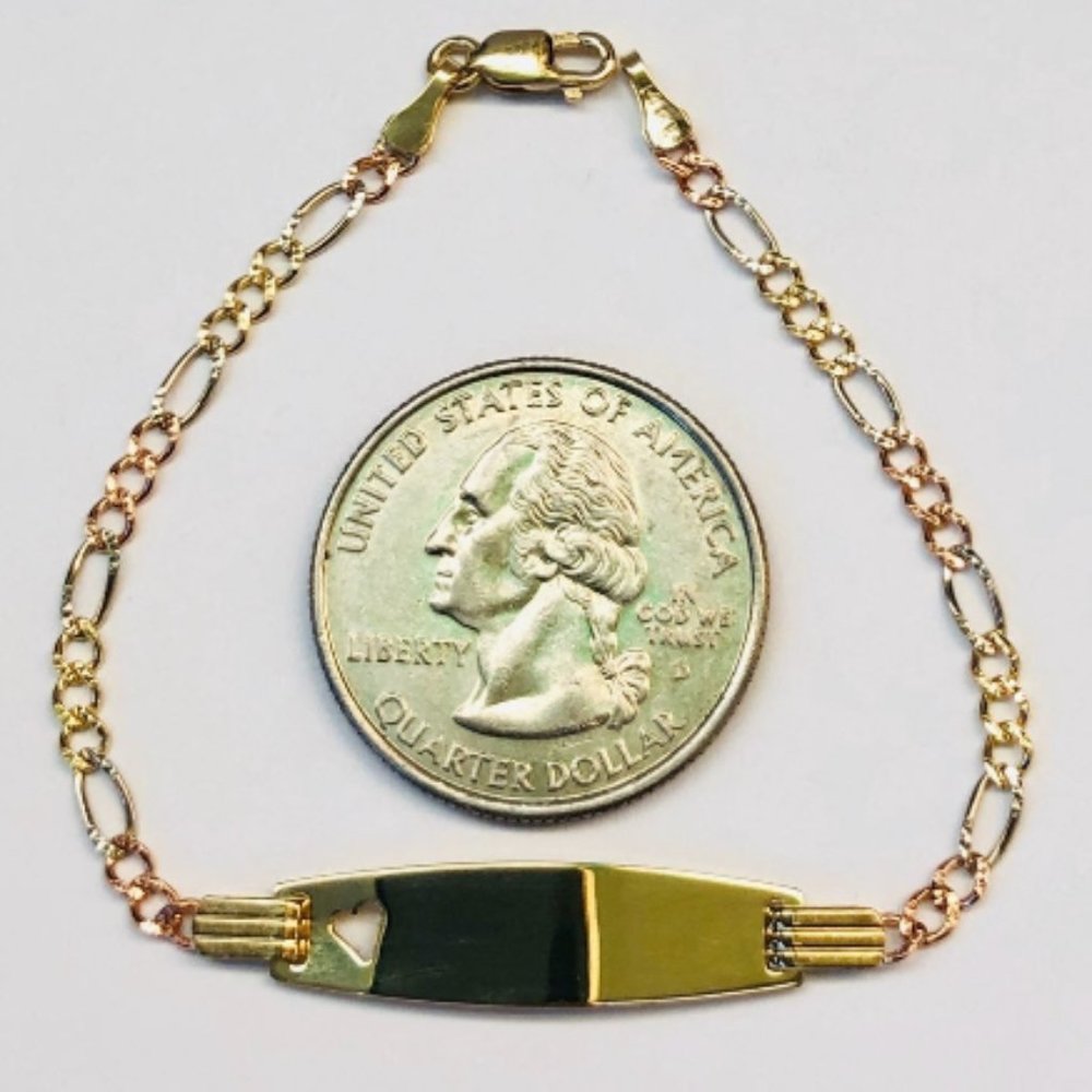 14k Gold Figaro Heart Baby Id Bracelet Gem